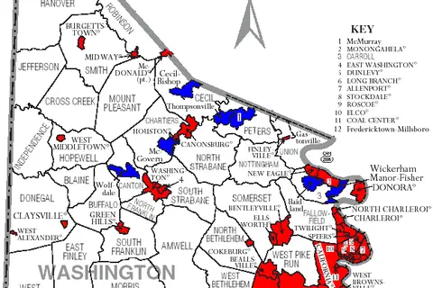 Map: Map of Washington County Pennsylvania with Municipal and Township Labels