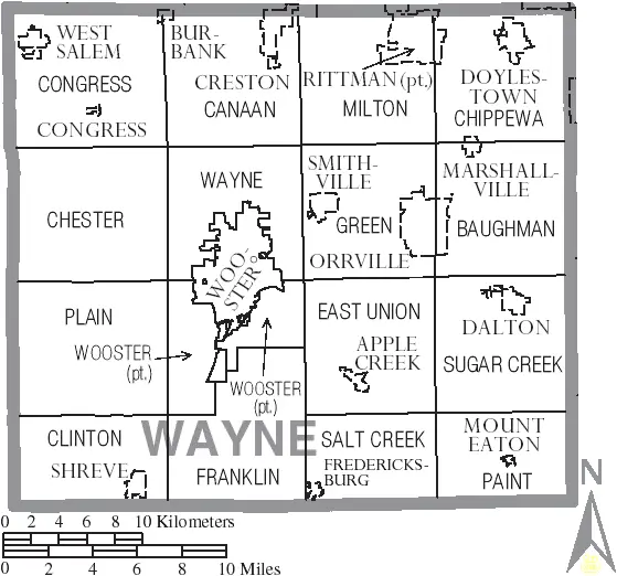 Map: Map of Wayne County Ohio with Municipal and Township Labels