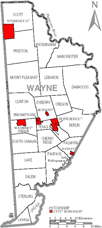 Map: Map of Wayne County Pennsylvania with Municipal and Township Labels