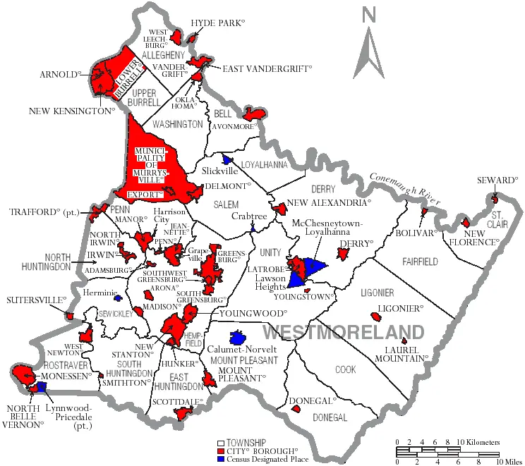 Map: Map of Westmoreland County Pennsylvania with Municipal and Township Labels