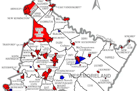 Map: Map of Westmoreland County Pennsylvania with Municipal and Township Labels