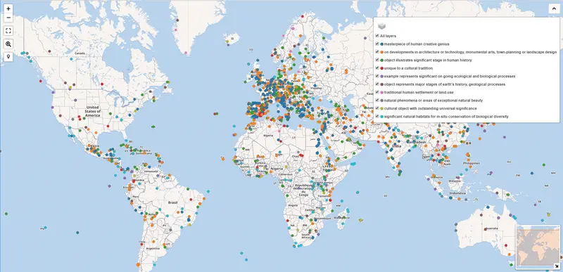 Map: Map of World Heritage Site Colour Coded by Unesco Inclusion Criteria