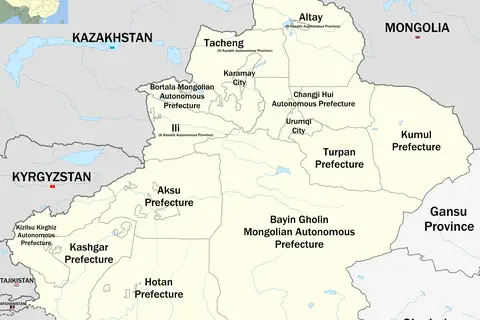 Map: Map of Xinjiang in China with Prefectures and Borders