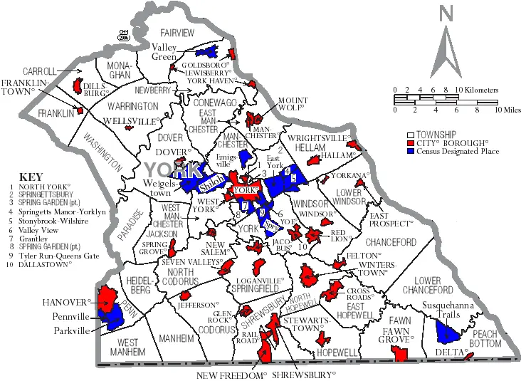 Map: Map of York County Pennsylvania with Municipal and Township Labels