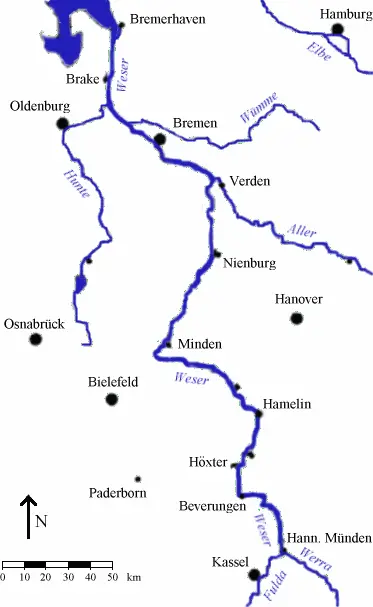 Map: Map River Weser Kassel to Bremerhaven