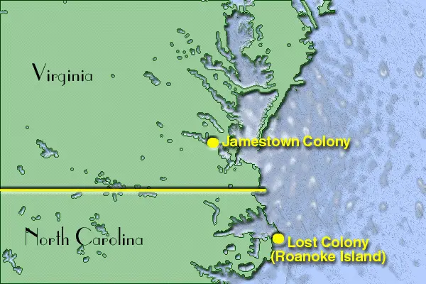 Map: Map Showing Location of Jamestown and Roanoke Island Colonies