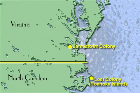Map: Map Showing Location of Jamestown and Roanoke Island Colonies