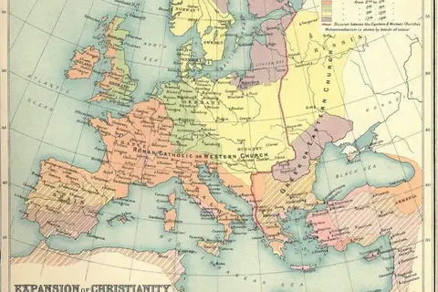 Map: Map showing the expansion of Christianity up to the 14th century. It also highlights the division between the Eastern and Western Churches