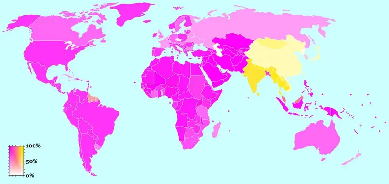 Map: Map showing the prevalence of Abrahamic (pink) and Dharmic religions (yellow) by country