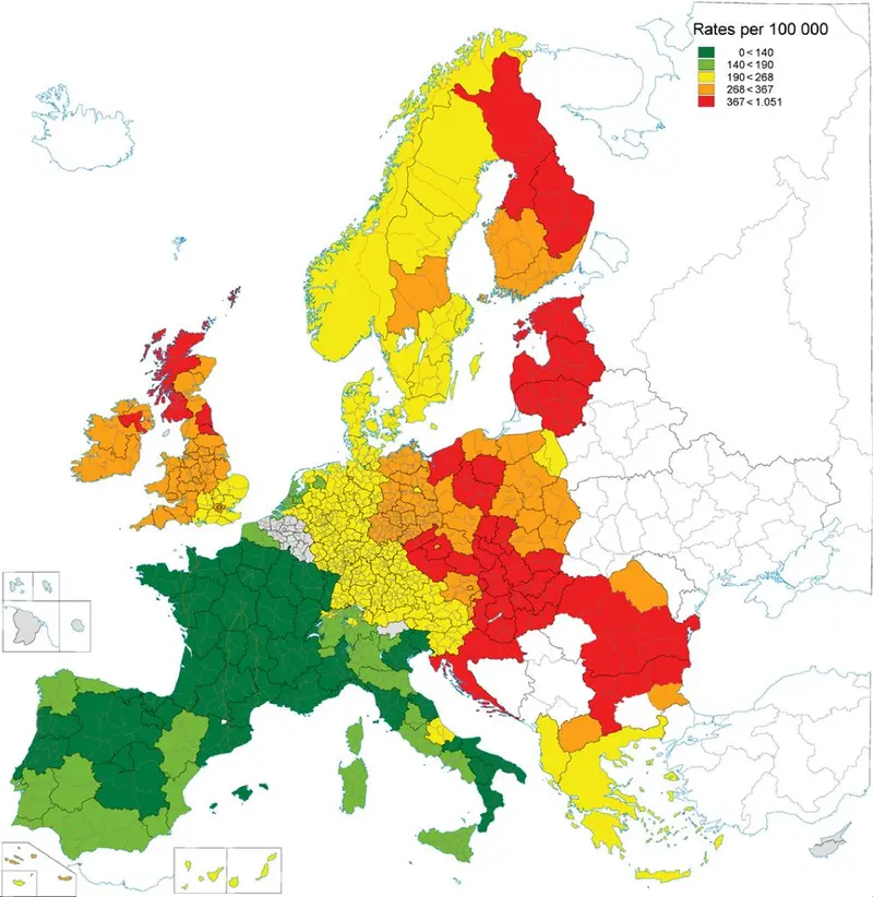 Map: Men and heart death in Europe