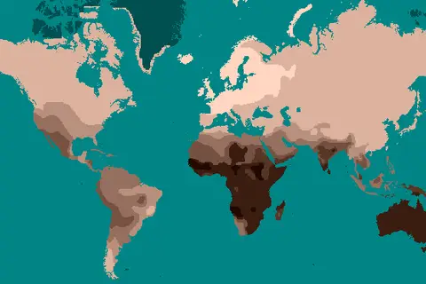 Map: Mercator Style Projection Map Showing Human Skin Color According to Biasutti 1940