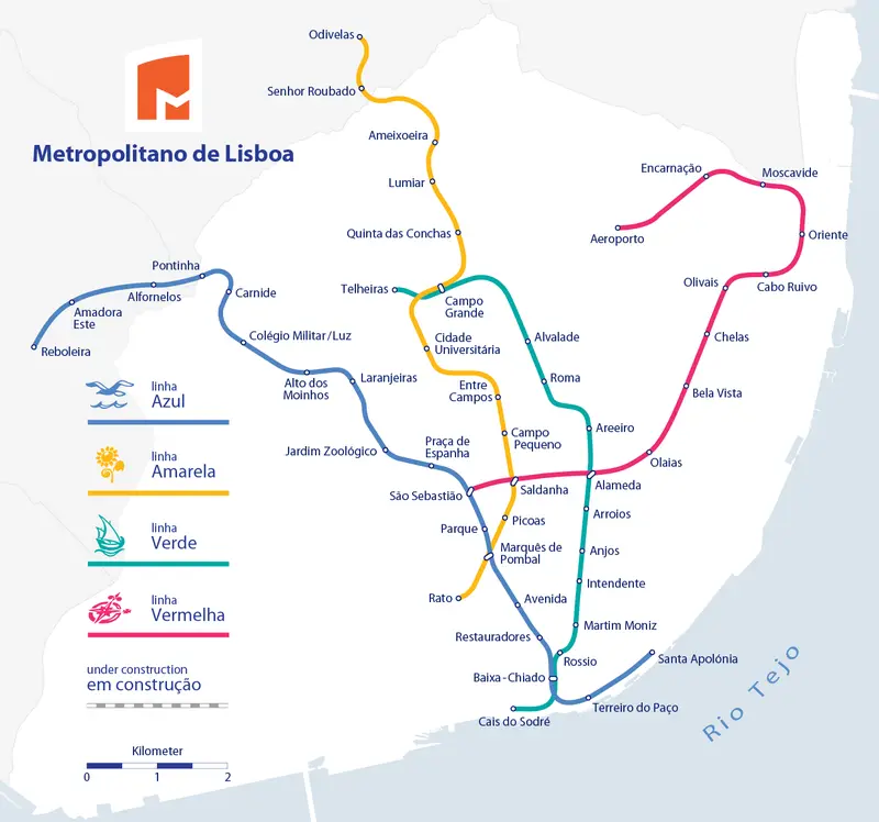 Map: Metro Lisboa Route Map Only with Routes in Operation