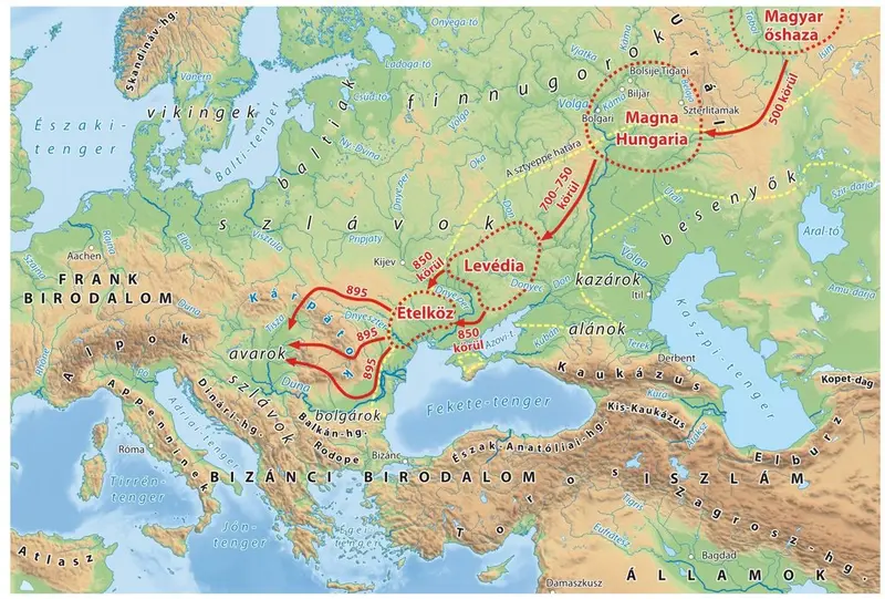 Map: Migration of the Hungarian tribes from the Ural Mountains to the Carpathian Basin.