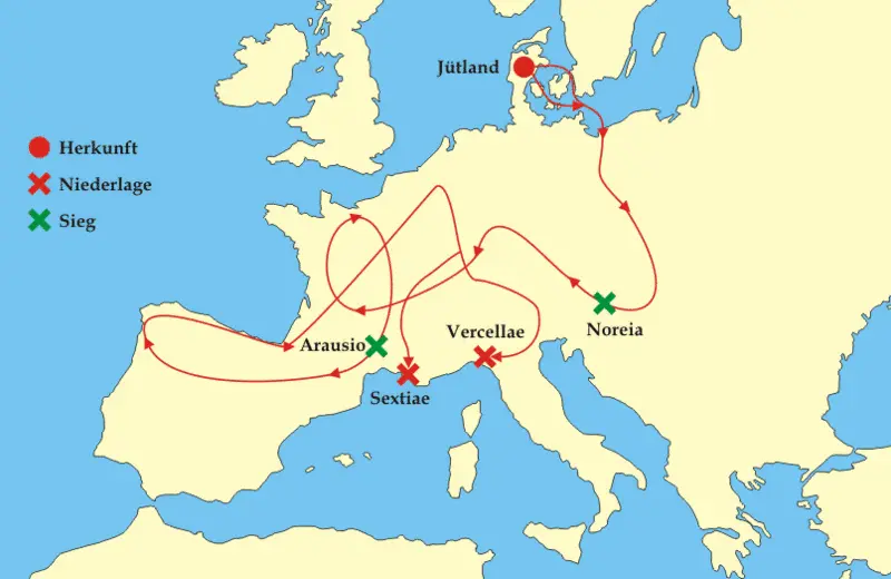 Map: Migration route of the Germanic tribes of the Cimbri and Teutones, ca. 113-101BC
