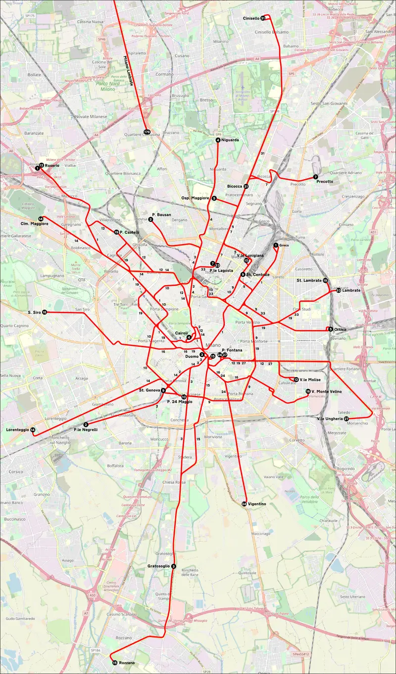 Map: Milano Mappa Rete Tranviaria