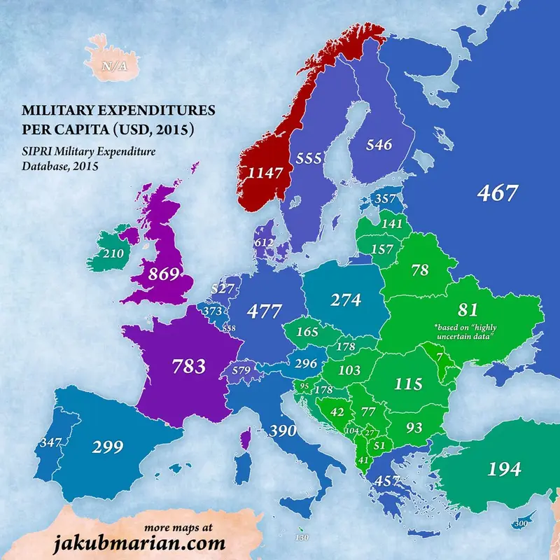 Map: Military expenditures per capita in Europe, 2015