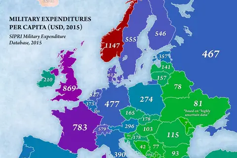 Map: Military expenditures per capita in Europe, 2015
