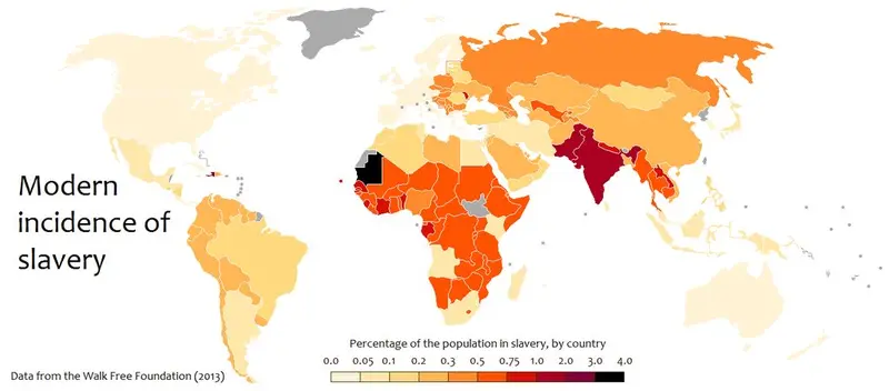 Map: Modern incidence of slavery, as a percentage of the population, by country.