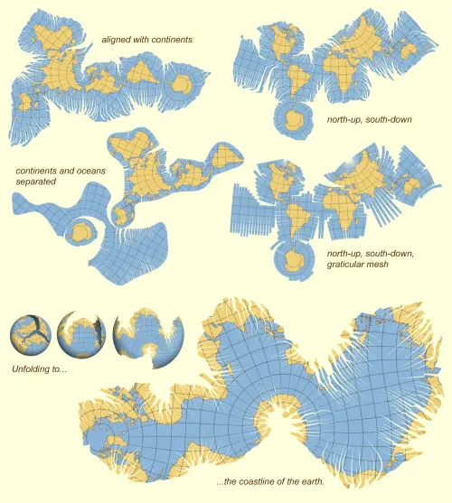 Map: Myriahedral maps showing the near contiguity of Earth’s continents and oceans (J. van Wijk)
