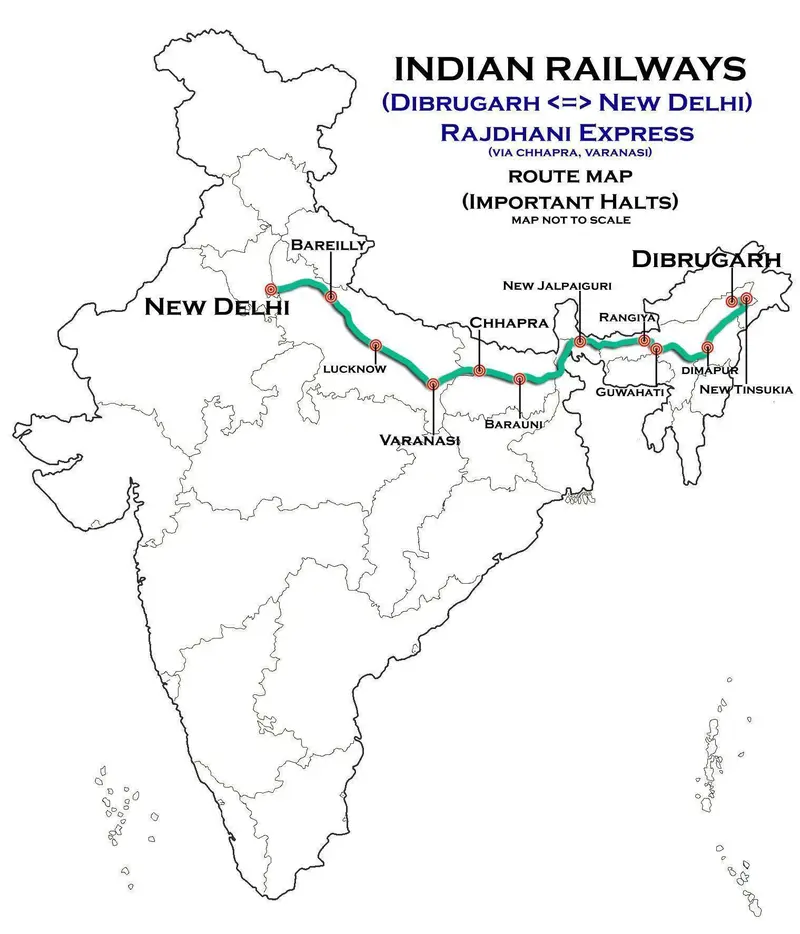 Map: New Delhi Dibrugarh Rajdhani Express Via Varanasi Route Map