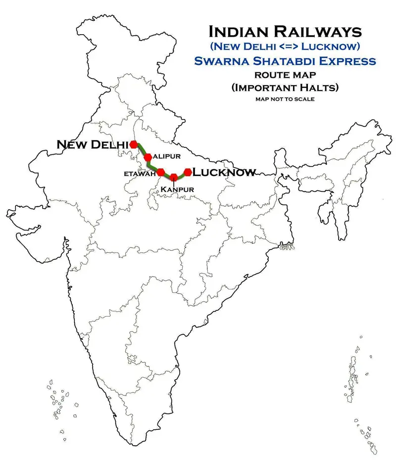 Map: New Delhi Lucknow Swarna Shatabdi Express Route Map