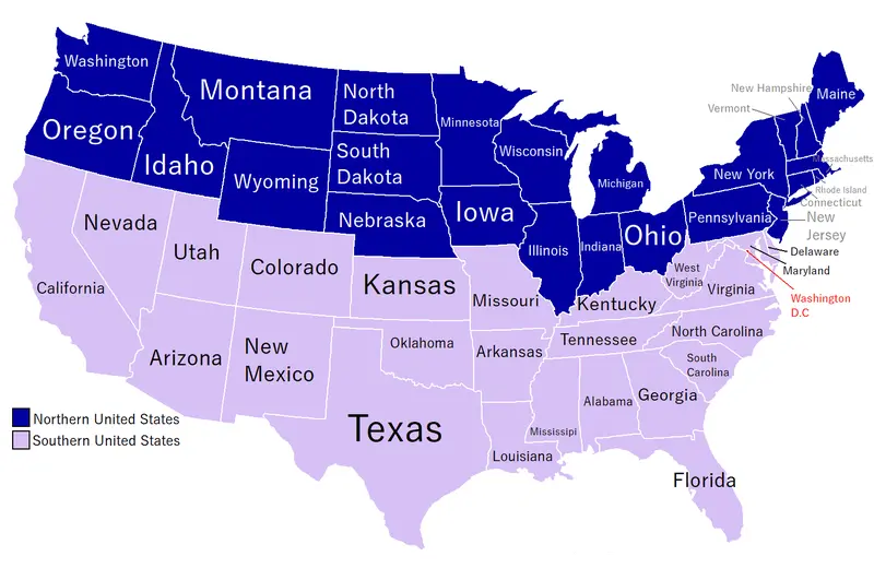 Map: Northern and Southern States on United States of America Map