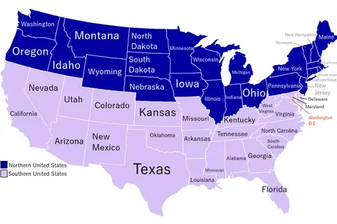 Map: Northern and Southern States on United States of America Map