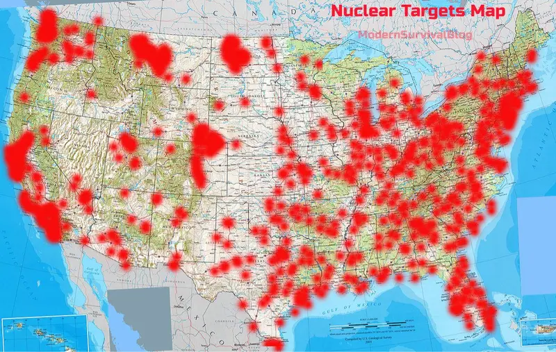 Map: Nuclear Targets in 2,000 and 500 Nuke Scenarios Against the US
