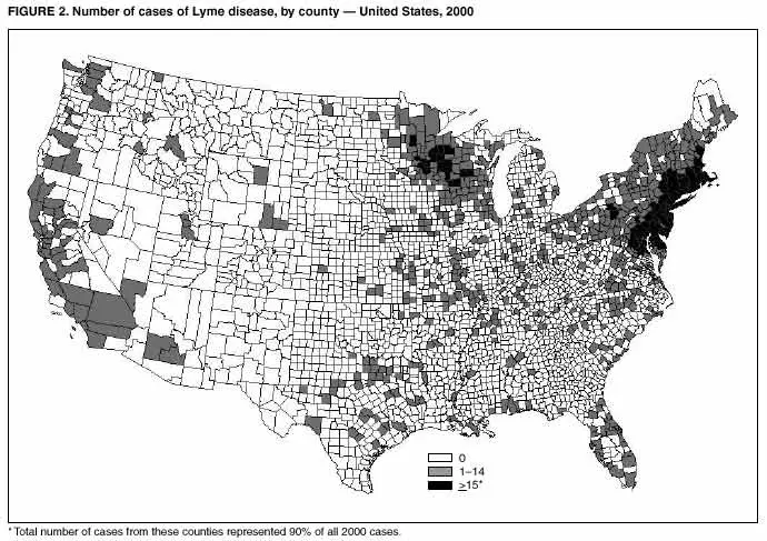 Map: Number of cases of Lyme disease, by county – United States