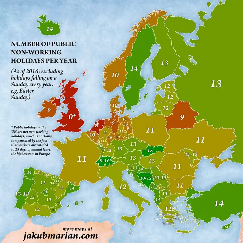 Map: Number of Public Holidays in Europe