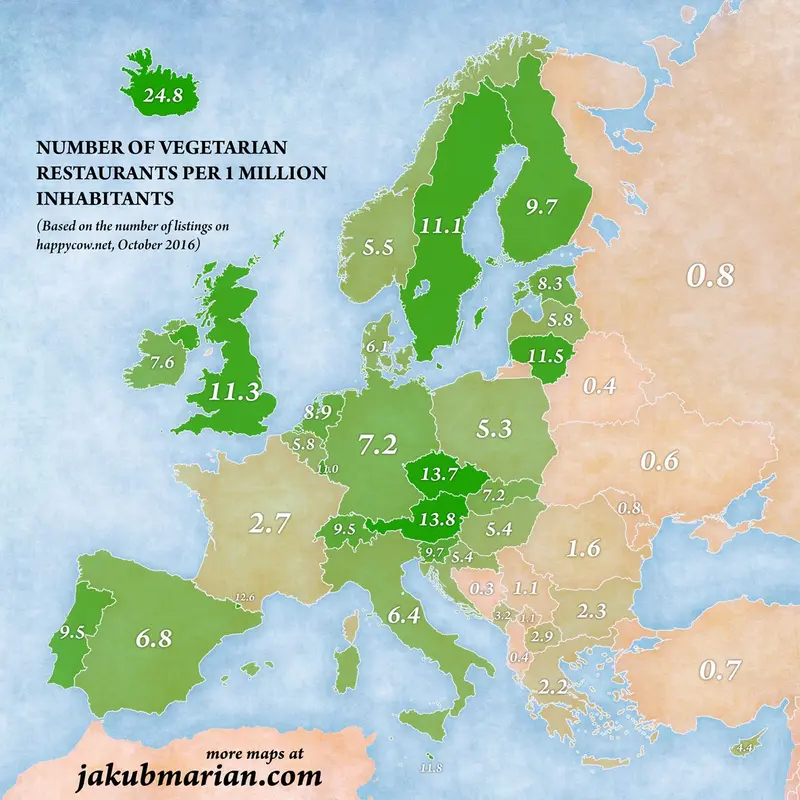Map: Number of vegetarian restaurants in Europe per 1 million inhabitants