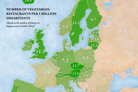 Map: Number of vegetarian restaurants in Europe per 1 million inhabitants