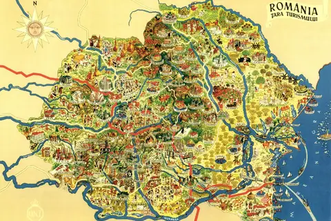 Map: [OC] Colorful map of Romania, with artistically highlighted tourist attractions