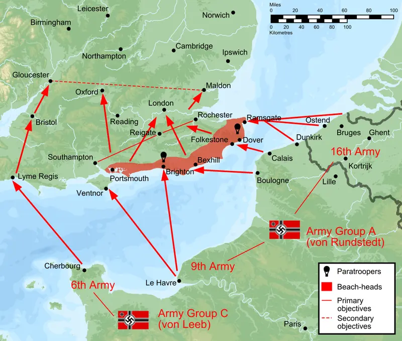 Map: Original Nazi plan for the invasion of the United Kingdom had the Battle of Britain been successful.