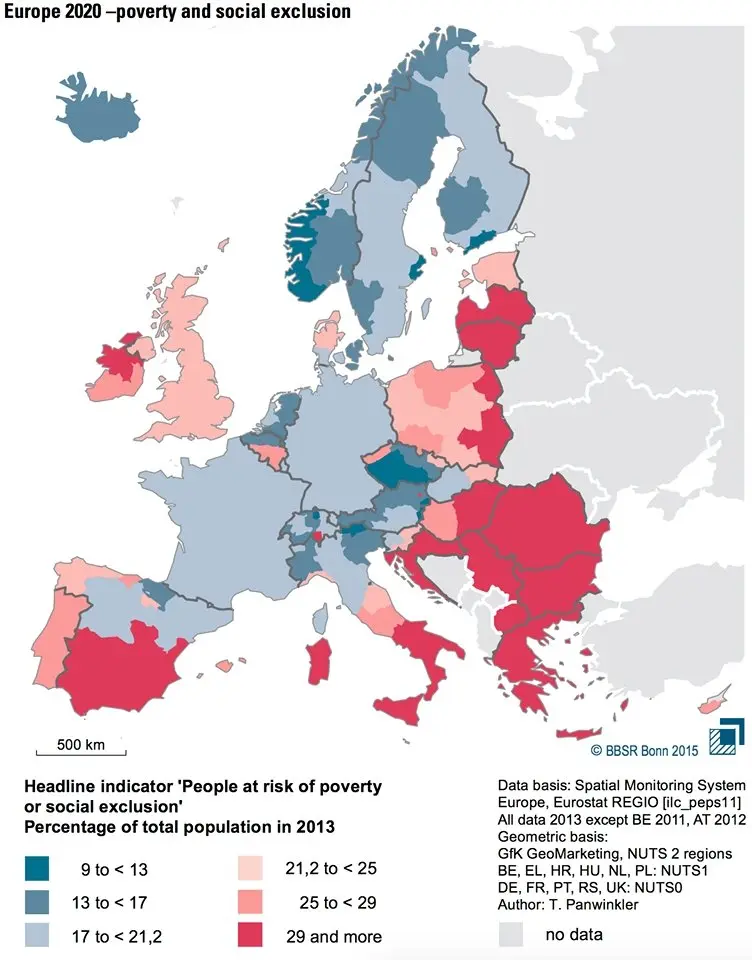 Map: Percentage of people at risk of poverty or social exclusion in Europe, 2013