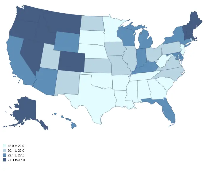 Map: Percentage of People who don’t identify with a Religion in the United States, 2014