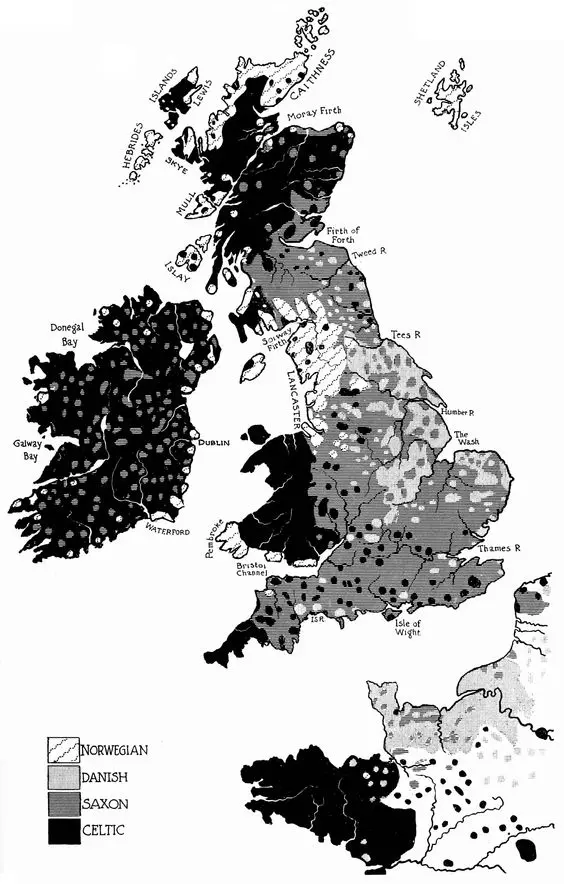 Map: Place name origins of Great Britain, Ireland and Northwest France