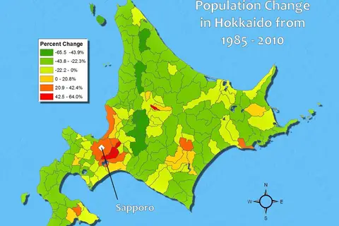 Map: Population Change in Hokkaido, Japan