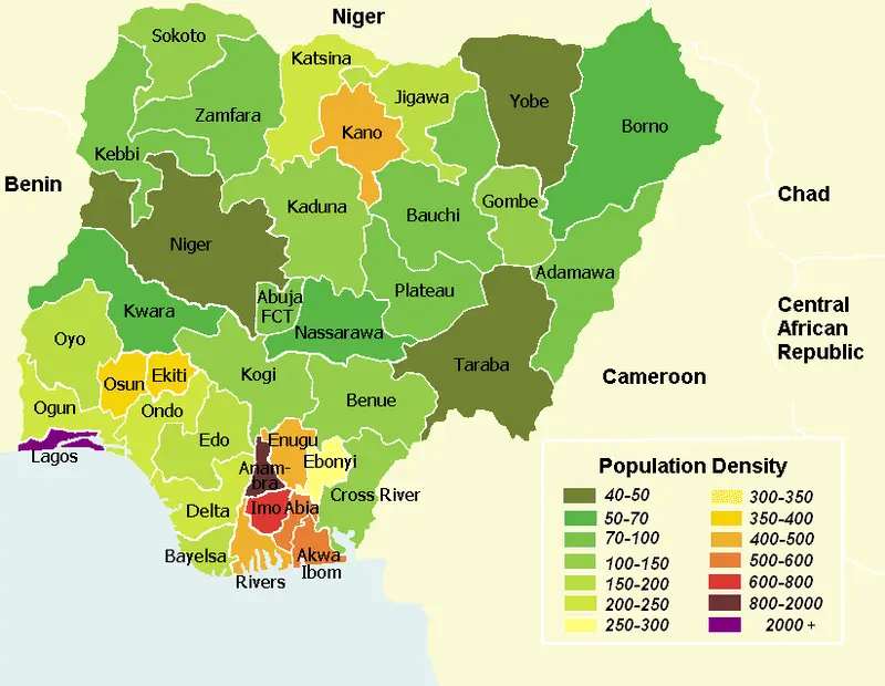 Map: Population Density Map of Nigerian States English
