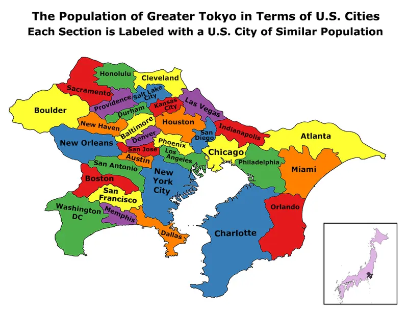 Map: Population of Greater Tokyo in terms of U.S. cities