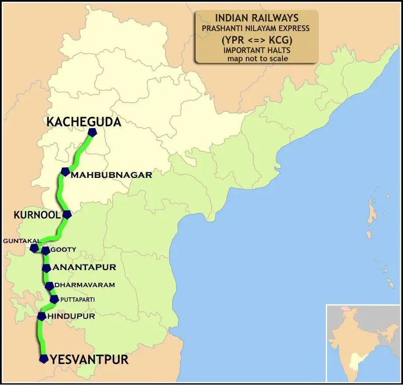 Map: Prasanti Nilayam Express Yesvantpur Kacheguda Route Map