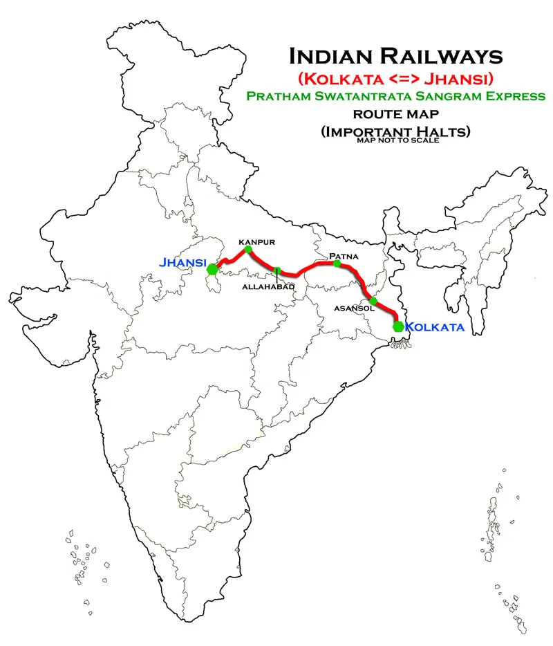 Map: Pratham Swatrantata Sangram Express Kolkata Jhansi Route Map
