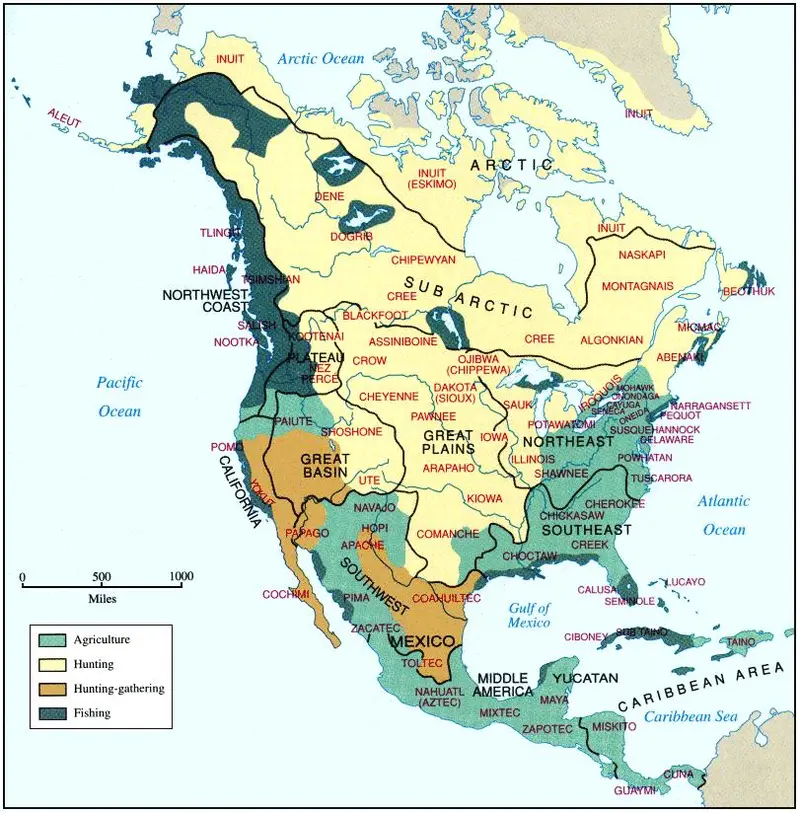 Map: Primary source of food for the various Native American tribes in the pre-Columbian era (agriculture, hunting, hunting-gathering, fishing)