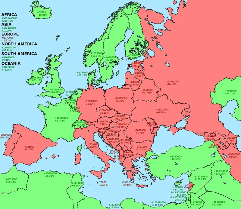 Map: Projected population change for Europe 2016-2100