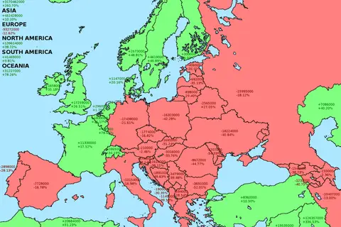 Map: Projected population change for Europe 2016-2100