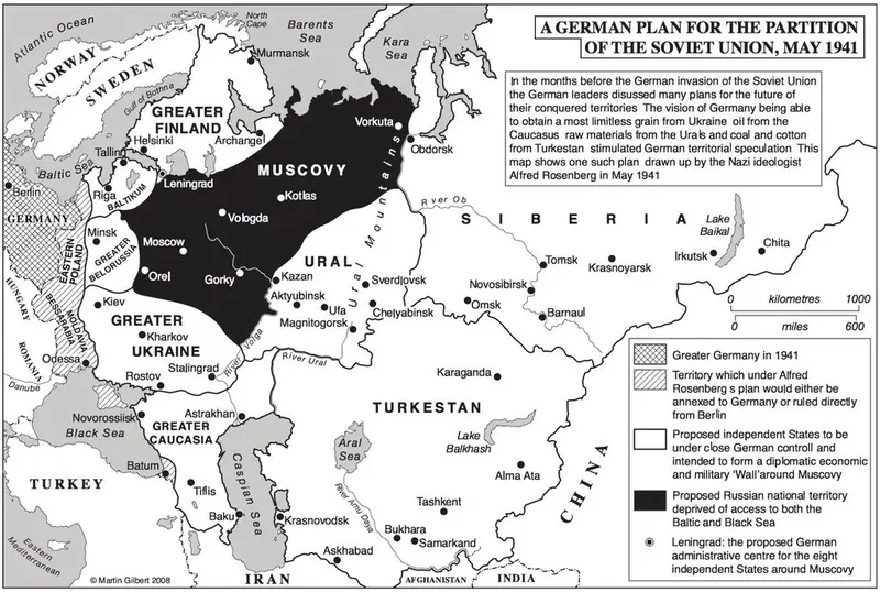 Map: Proposed borders of a partitioned USSR following a German victory in World War 2.