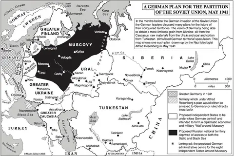 Map: Proposed borders of a partitioned USSR following a German victory in World War 2.