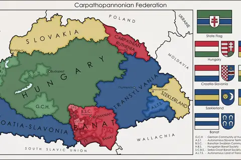 Map: Proposed map of a federated Hungarian state “Carpatho–Pannonian Federation”