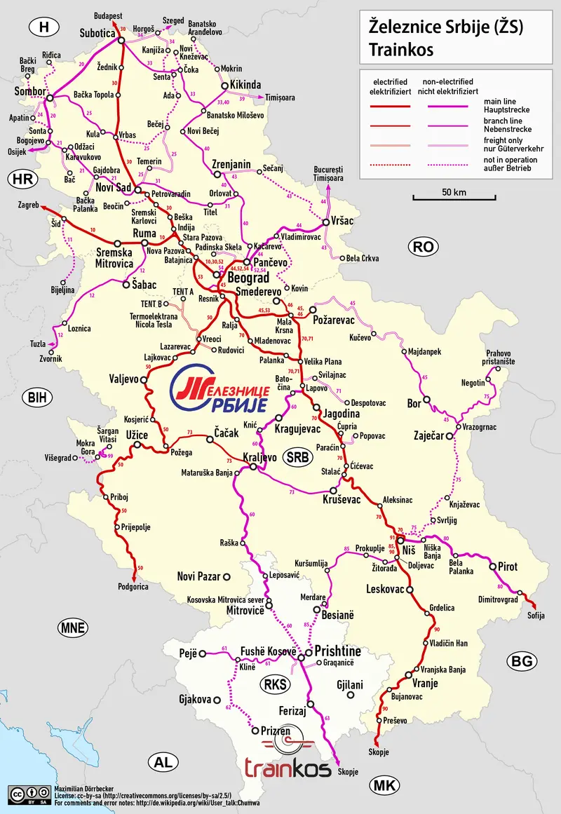 Map: Railway Map of Serbia and Kosovo