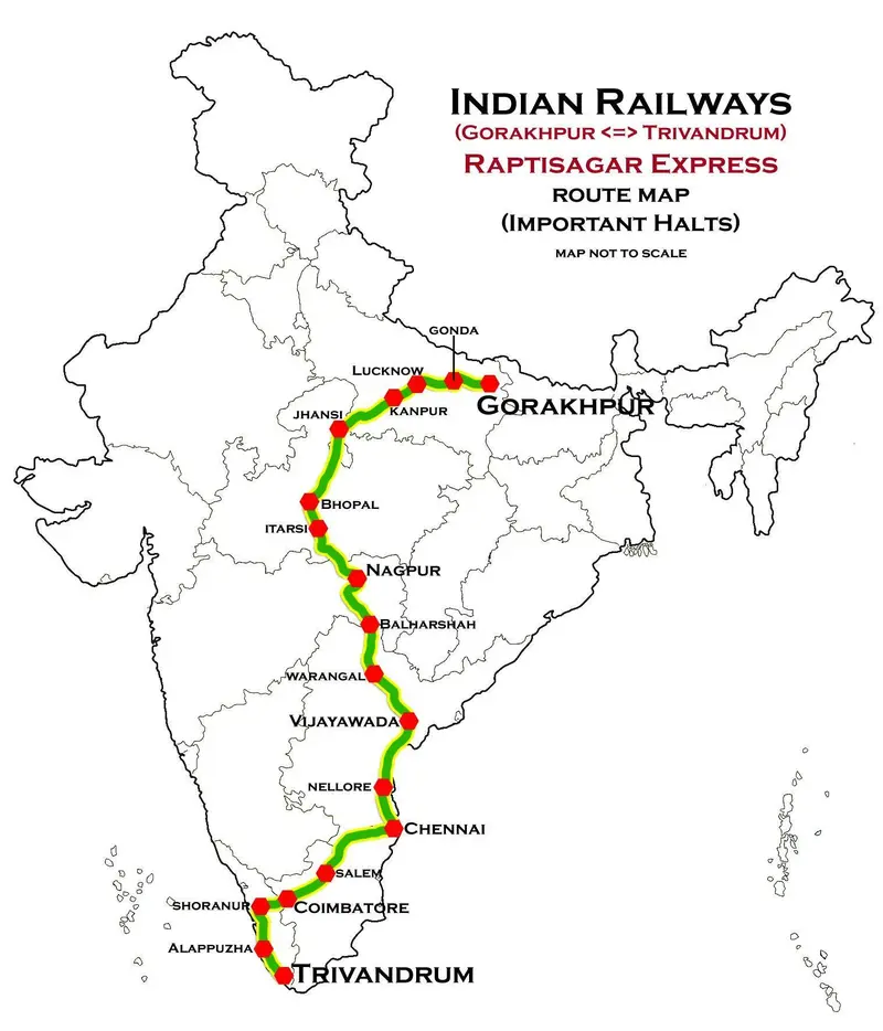 Map: Raptisagar Express Gorakhpur Trivandrum Route Map